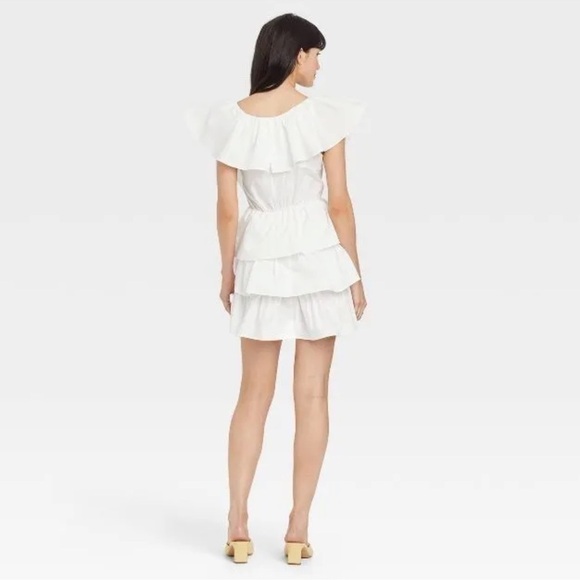 A New Day Mini Dress White Ruffle Multi Tiered Flutter Short Sleeve - Picture 3 of 17